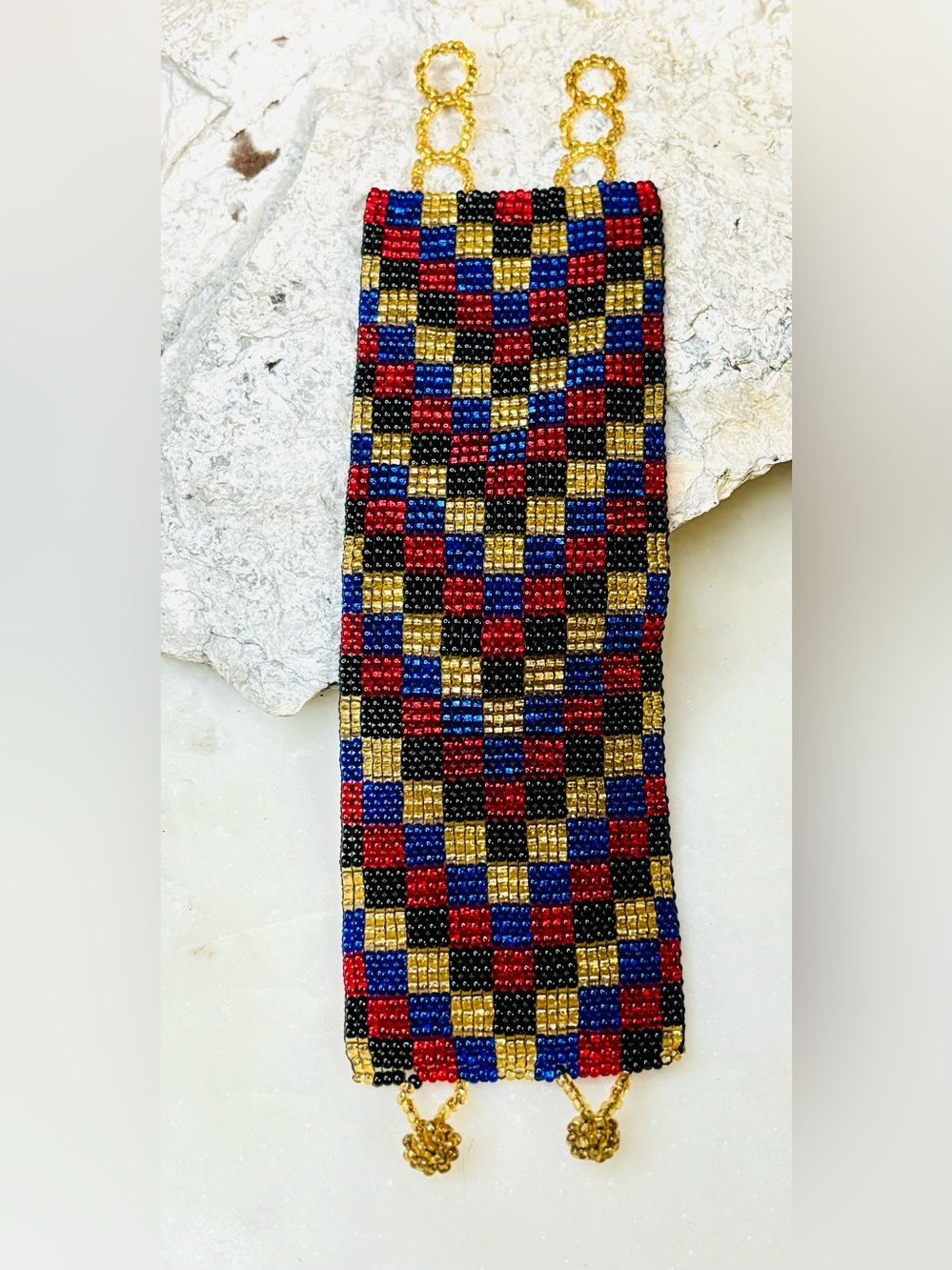Vintage Handmade Geometric Chevron  Beaded Cuff Bracelet